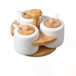 CRUET SET (3 POTS ROUND WITH BAMBOO STAND - WHITE & BLACK COLOUR):